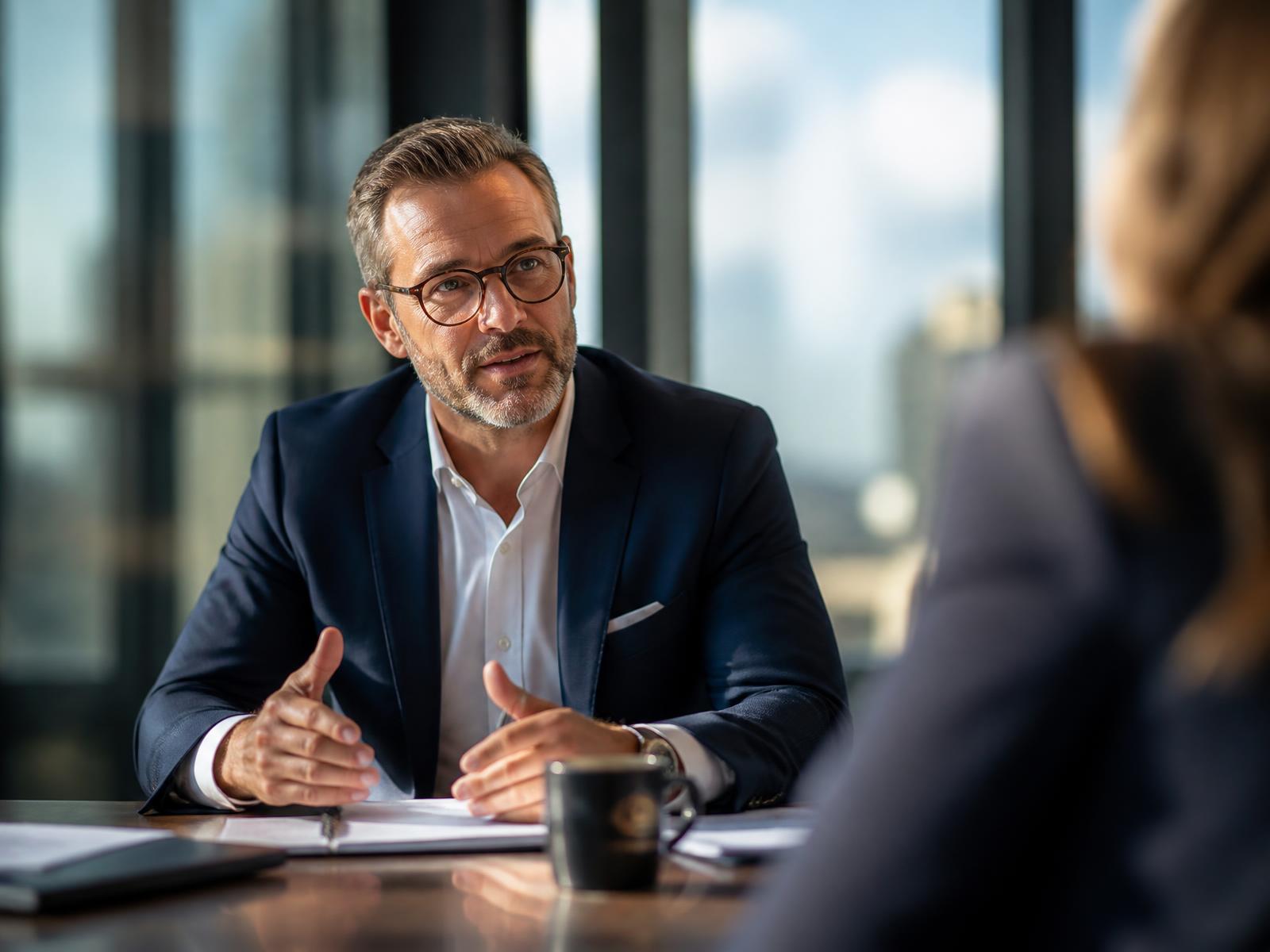 Financial advisor meeting with a client in a modern office